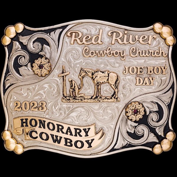 The Durant Custom Belt Buckle  features elegant bronze bead corners, silver scrollwork and plenty of space for your customized lettering. Fully personalize this fancy silver western buckle today!